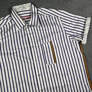 Robert Graham Shirt Mens XL Purple Striped Short Sleeve Classic Flip Cuff